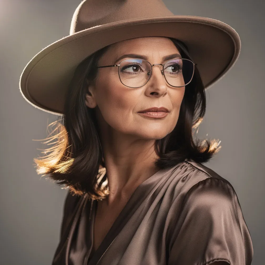 Frau um die 40 mit dunkelbraunem Haar, eleganter Brille, Seidentop und stilvollem Hut, die seitlich blickt.