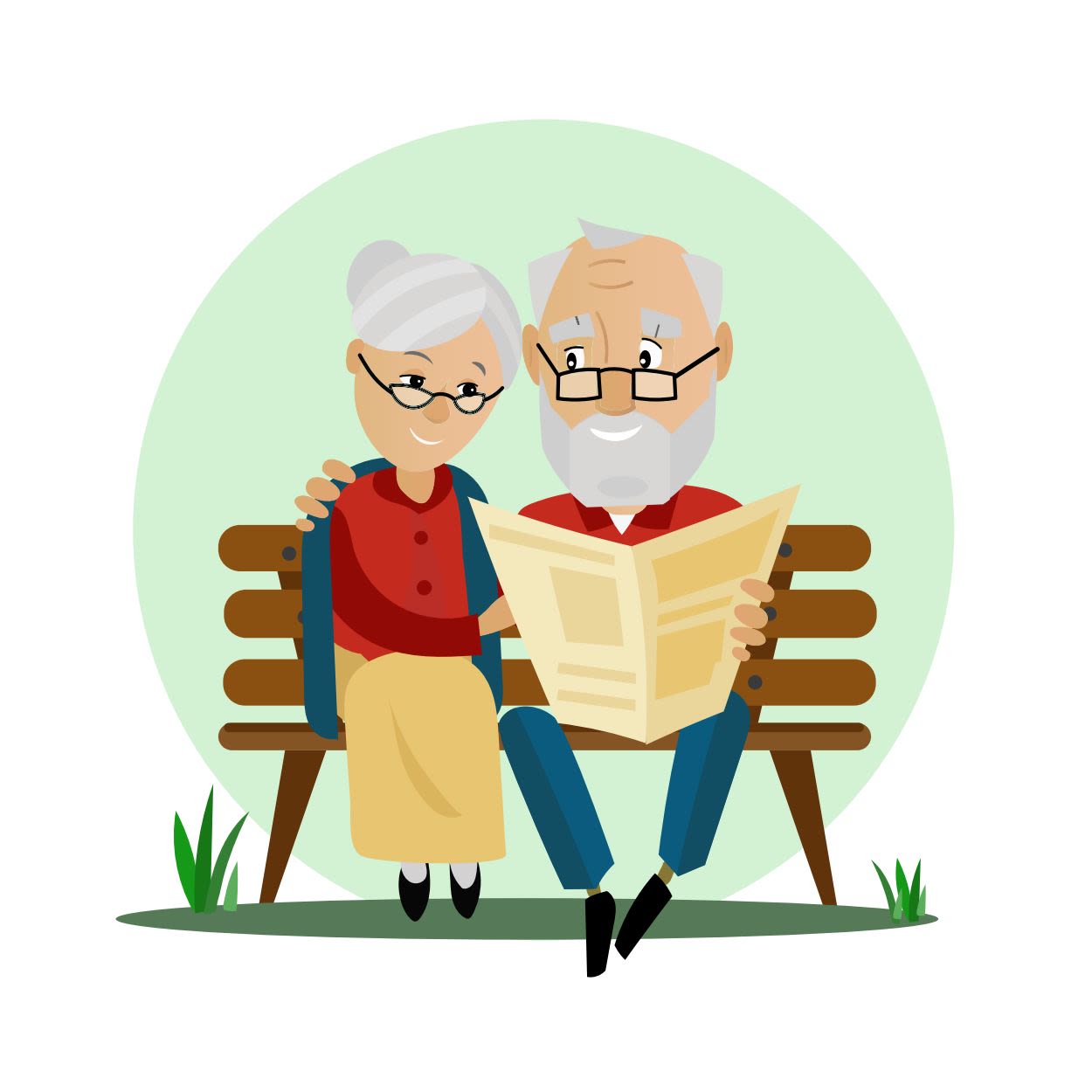 Illustration eines lächelnden Seniorenpaares, das auf einer Bank sitzt und dieselbe Zeitung liest, als Symbol für eine ernsthafte Begegnung, gemeinsame Werte und eine dauerhafte Beziehung.