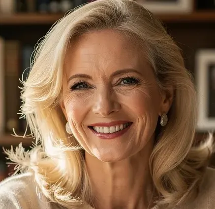 Beispielbild einer freundlichen blonden Frau um die 50 in ihrem Büro.